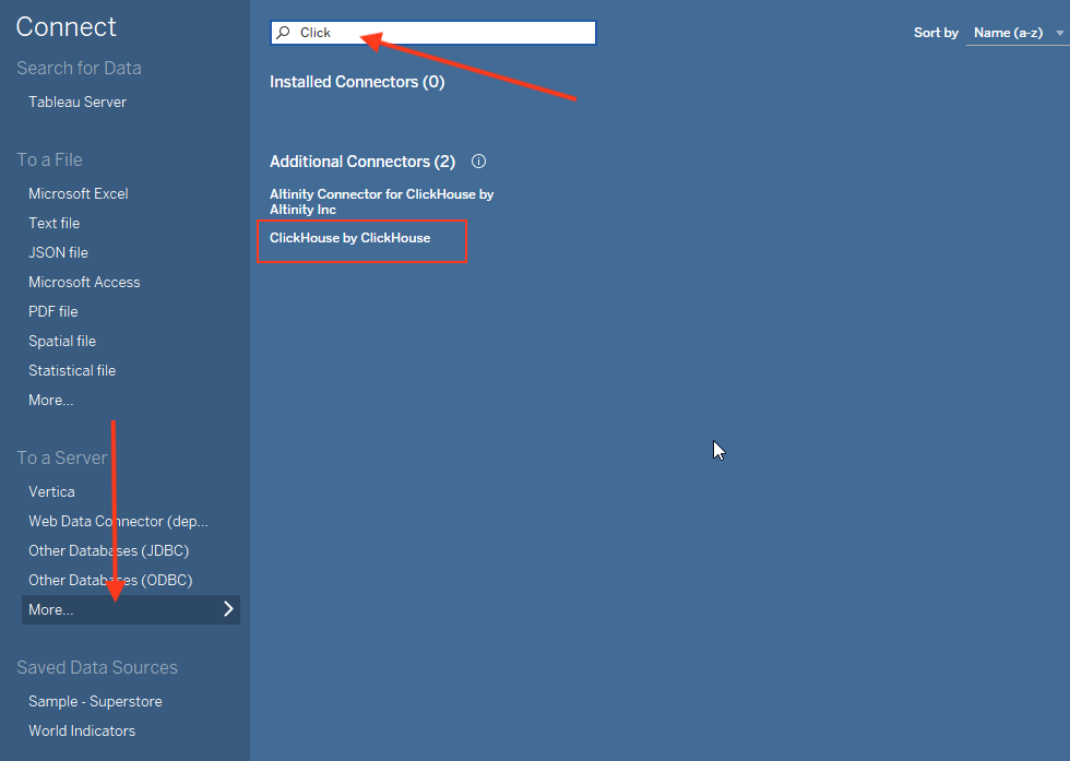 Экр�ан подключения Tableau с меню выбора коннектора, где выделен вариант ClickHouse by ClickHouse